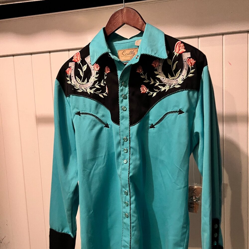 Scully Mens Shirt Western Turquoise Poly Blend Horseshoe Rose Stitch L/S